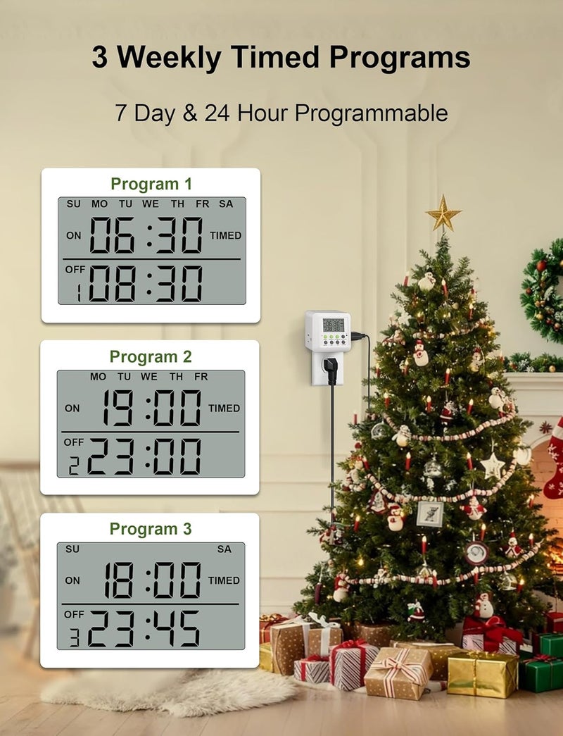 NOKMIT 3-in-1 Dual Outlet Timer Plug with Interval Cycle for Indoor, 7 Day 24 Hour Programmable Digital Repeat Timer Switch(15A, 1875W) - Image 4